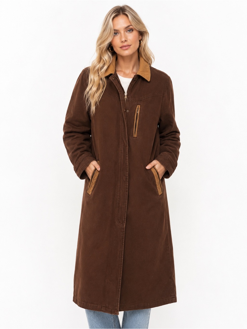 Cabela's Vintage Size Medium Classic Brown Long Coat with Contrast Collar Womens